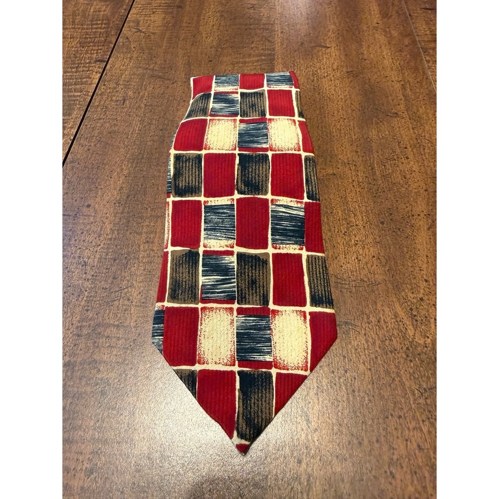 Pierre Cardin Men's 100% Silk Tie Red Black Ivory Abstract Geometric Checker